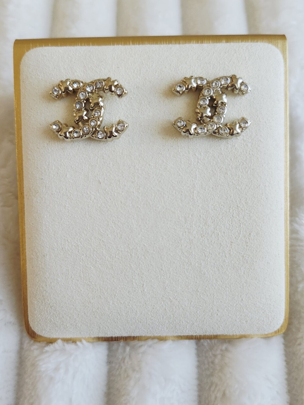 Chanel CC Crystal Stud Earrings Gold Tone